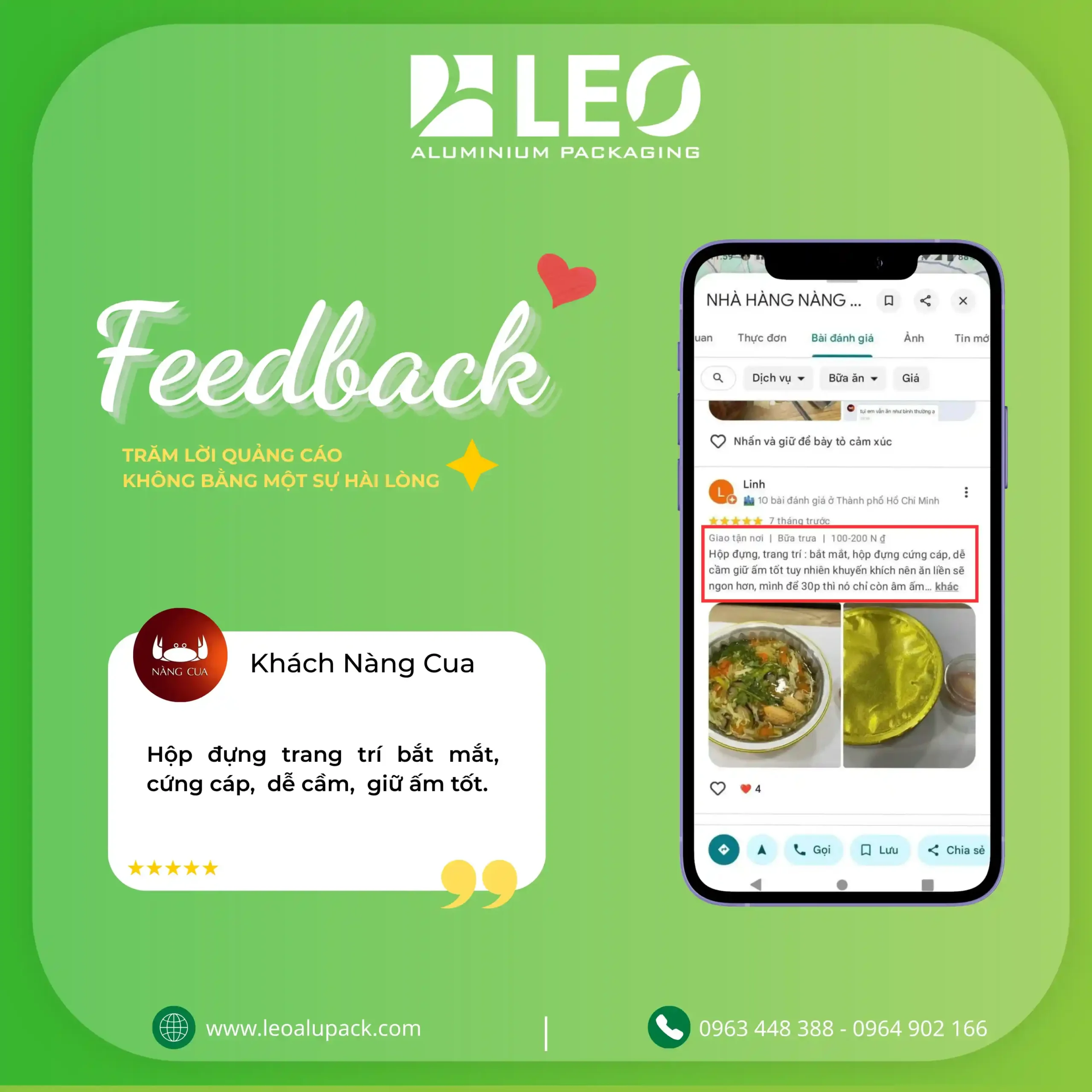 Phản hồi tích cực từ khách hàng sau khi Nhà hàng Nàng Cua chuyển sang dùng bao bì nhôm