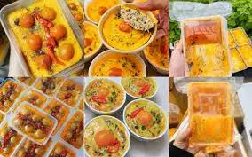 Chả hấp đựng trong hộp nhựa, chén sứ, túi hấp