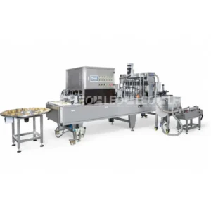 Dây chuyền chiết rót, thả phôi, đóng seal dạng băng tải từ LEO Aluminium Packaging