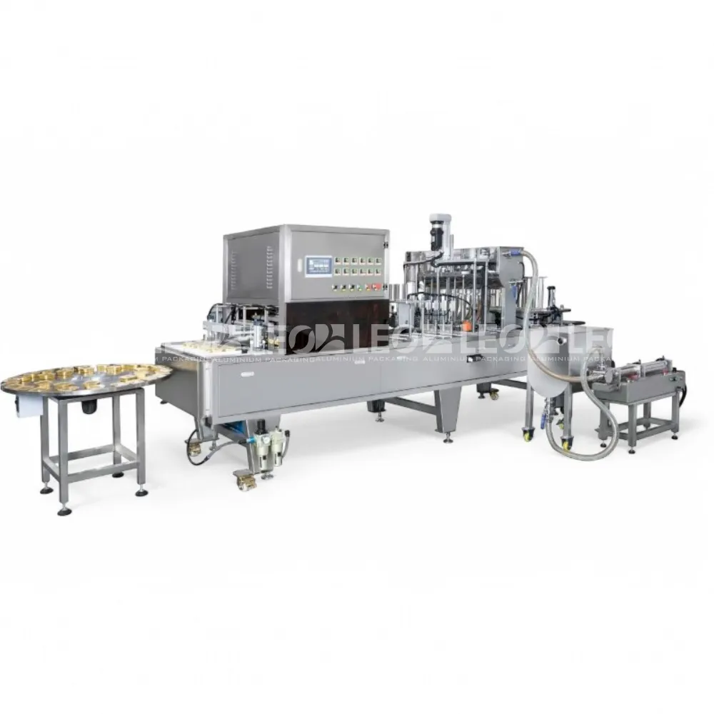 Dây chuyền chiết rót, thả phôi, đóng seal dạng băng tải từ LEO Aluminium Packaging