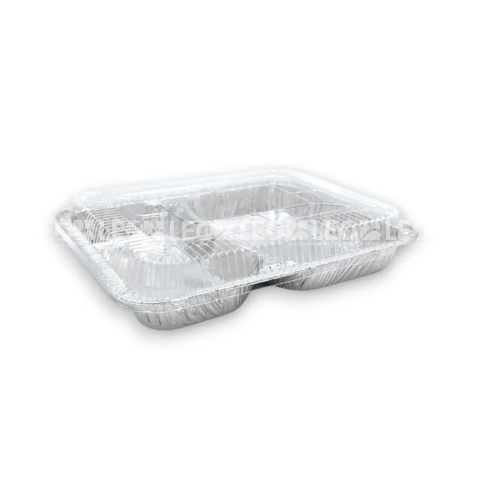 Khay nhôm đựng cơm 2 ngăn 850ml & nắp nhựa đi kèm thực tế từ LEO Aluminium Packaging