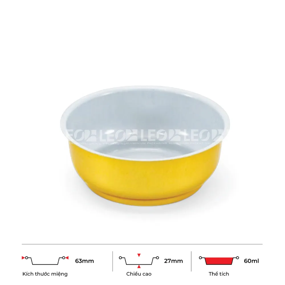 Thông số kích thước chén nhôm tròn cao cấp 60ml LEO miệng 63mm, chiều cao 27mm