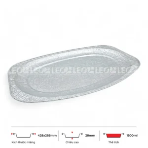 Thông số kích thước khay nhôm oval phổ thông 1500ml LEO miệng 428x285mm, chiều cao 28mm