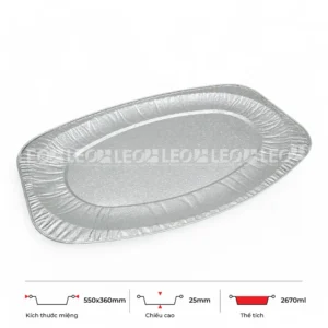 Thông số kích thước khay nhôm oval phổ thông 2670ml LEO miệng 550x360mm, chiều cao 25mm