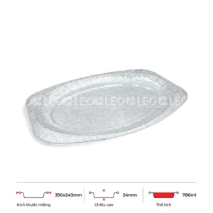 Thông số kích thước khay nhôm oval phổ thông 780ml LEO miệng 350x243mm, chiều cao 24mm