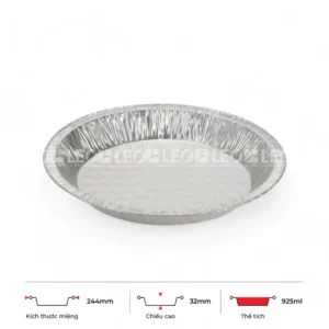 Thông số kích thước khay dĩa nhôm tròn phổ thông 925ml LEO miệng 244mm, chiều cao 32mm
