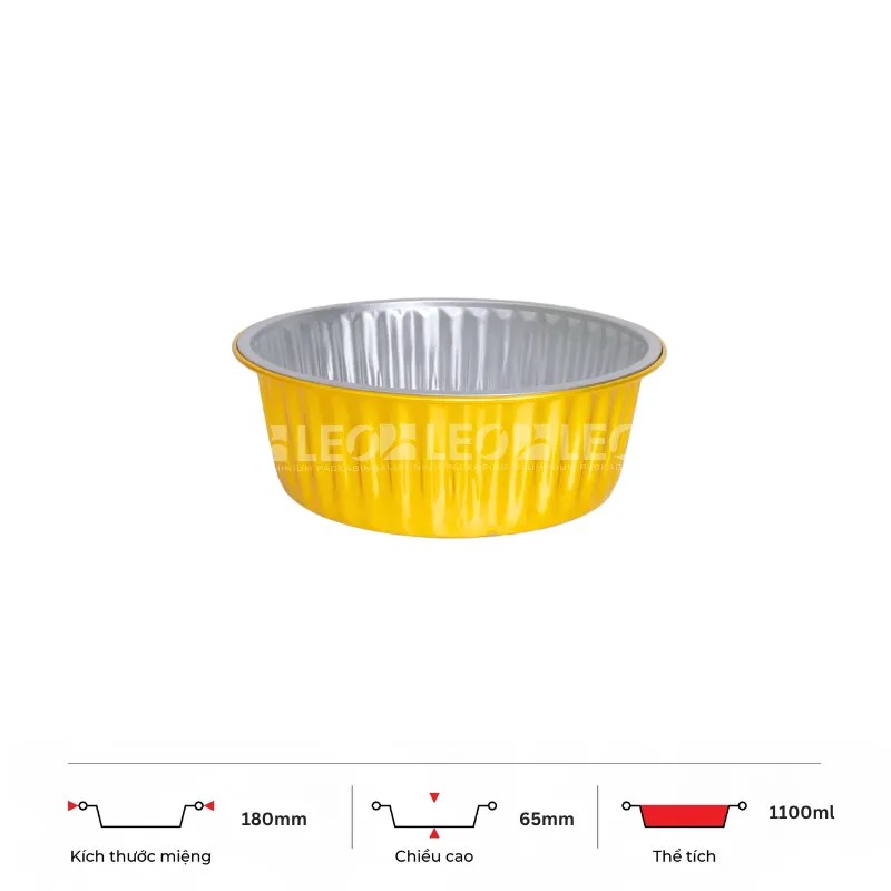 Thông số kích thước khay nhôm tròn cao cấp 1100ml LEO miệng 180mm, chiều cao 65mm