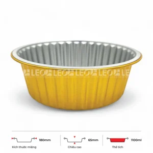 Thông số kích thước khay nhôm tròn cao cấp 1100ml LEO miệng 180mm, chiều cao 65mm