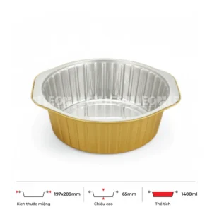 Thông số kích thước khay nhôm tròn cao cấp 1400ml LEO miệng 197x209mm, chiều cao 65mm