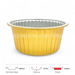 Thông số kích thước khay nhôm tròn cao cấp 1430ml LEO miệng 180mm, chiều cao 47mm