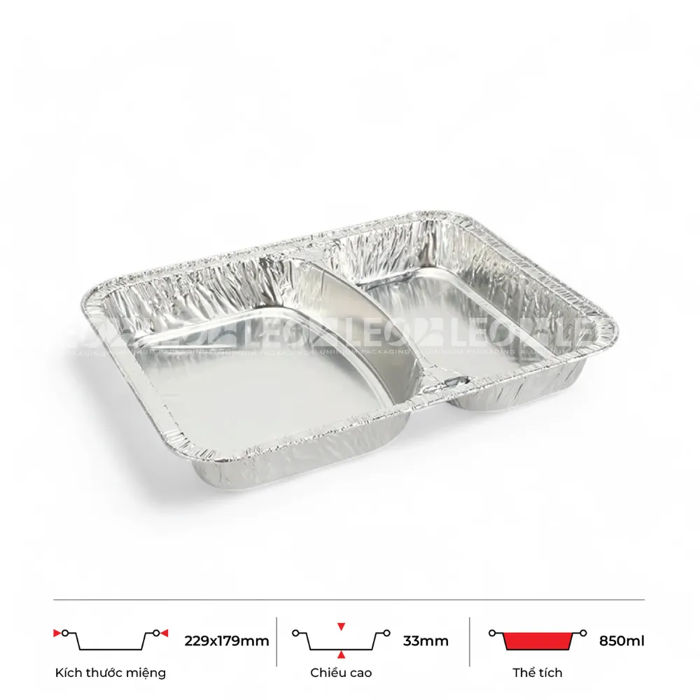 Thông số kích thước khay nhôm 2 ngăn đựng cơm phổ thông 850ml LEO miệng 229x179mm, chiều cao 33mm
