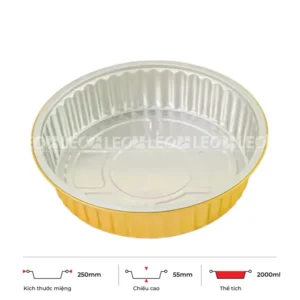 Thông số kích thước khay nhôm tròn cao cấp 2000ml LEO miệng 250mm, chiều cao 55mm