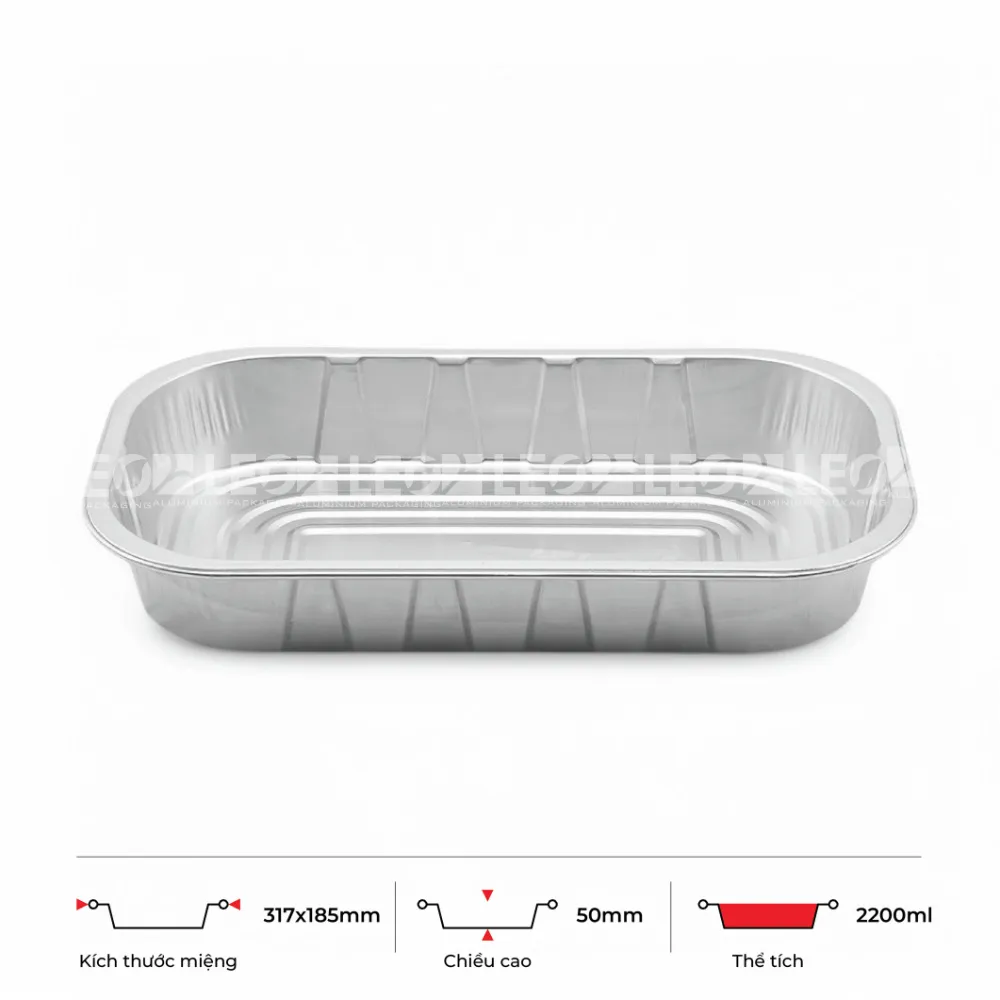 Thông số kích thước khay nhôm 2200ml LEO miệng 317x185mm
