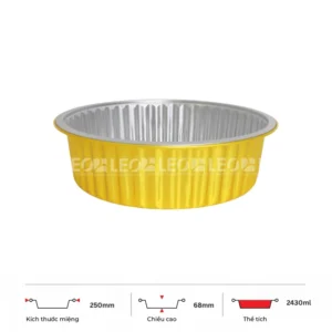 Thông số kích thước khay nhôm tròn cao cấp 2430ml LEO miệng 250mm, chiều cao 68mm