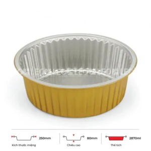 Thông số kích thước khay nhôm tròn cao cấp 2870ml LEO miệng 250mm, chiều cao 80mm