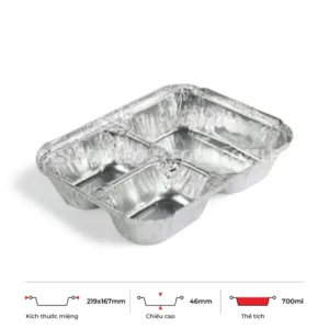 Thông số kích thước khay nhôm 3 ngăn đựng cơm phổ thông 700ml LEO miệng 219x167mm, chiều cao 46mm