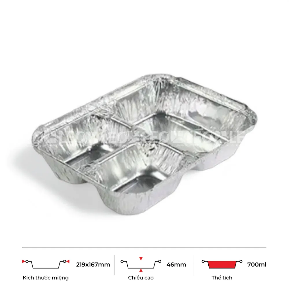 Thông số kích thước khay nhôm 3 ngăn đựng cơm phổ thông 700ml LEO miệng 219x167mm, chiều cao 46mm