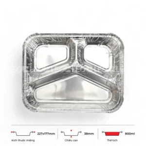 Thông số kích thước khay nhôm 3 ngăn đựng cơm phổ thông 800ml LEO miệng 227x177mm, chiều cao 38mm