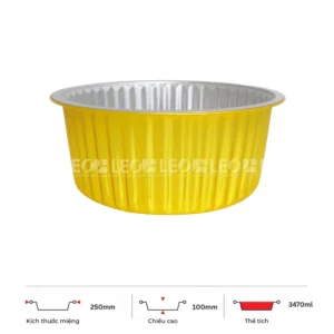 Thông số kích thước khay nhôm tròn cao cấp 3470ml LEO miệng 250mm, chiều cao 100mm