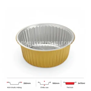 Thông số kích thước khay nhôm tròn cao cấp 3470ml LEO miệng 250mm, chiều cao 100mm