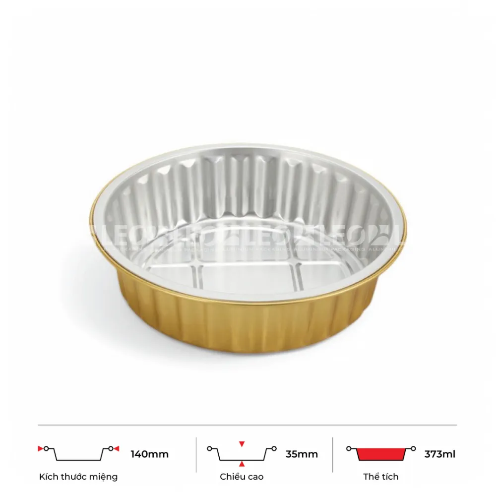 Thông số kích thước khay nhôm tròn cao cấp 373ml LEO miệng 140mm, chiều cao 35mm