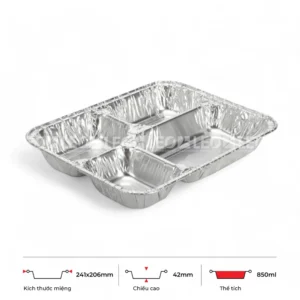 Thông số kích thước khay nhôm 4 ngăn đựng cơm phổ thông 850ml LEO miệng 241x206mm, chiều cao 42mm