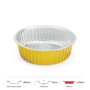 Thông số kích thước khay nhôm tròn cao cấp 4000ml LEO miệng 280mm, chiều cao 85mm
