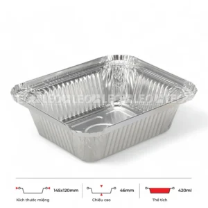 Thông số kích thước khay nhôm chữ nhật phổ thông 420ml LEO miệng 145x120mm, chiều cao 46mm