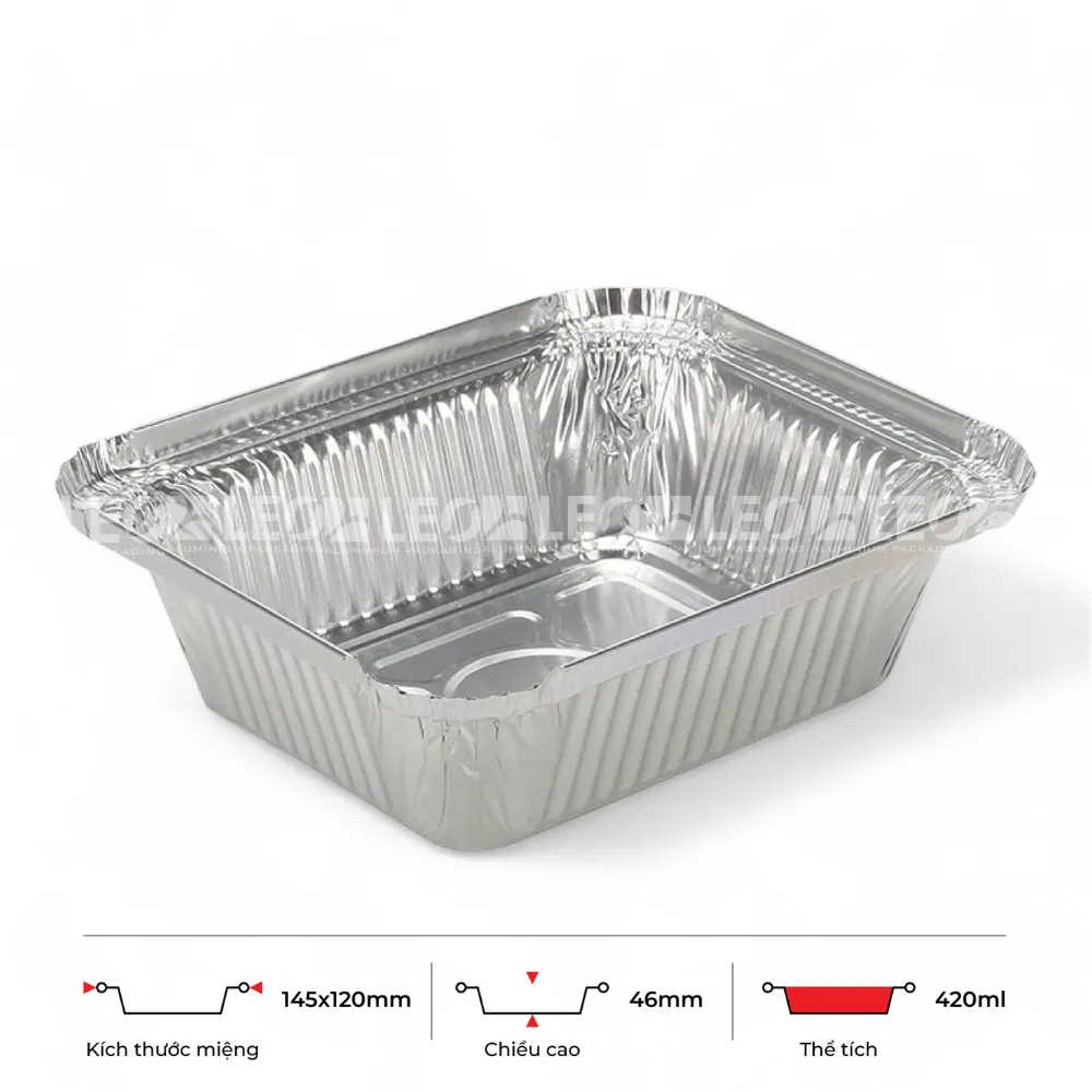 Thông số kích thước khay nhôm chữ nhật phổ thông 420ml LEO miệng 145x120mm, chiều cao 46mm