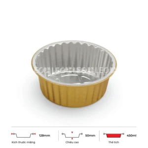 Thông số kích thước khay nhôm tròn cao cấp 450ml LEO miệng 128mm, chiều cao 50mm