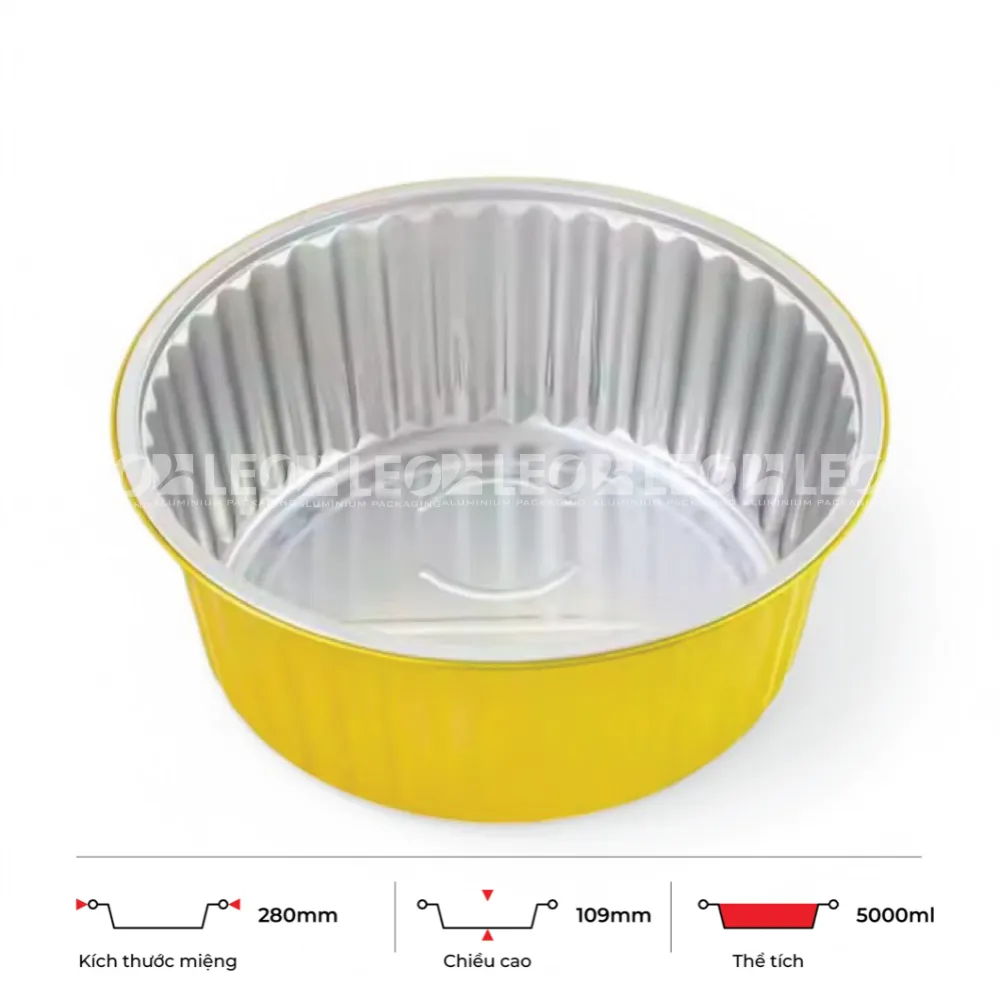 Thông số kích thước khay nhôm tròn cao cấp 5000ml LEO miệng 280mm, chiều cao 109mm