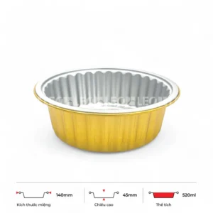 Thông số kích thước khay nhôm tròn cao cấp 520ml LEO miệng 140mm, chiều cao 45mm