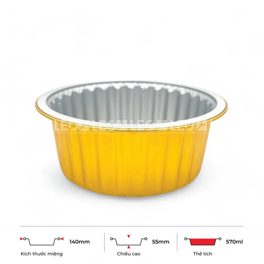 Thông số kích thước khay nhôm tròn cao cấp 570ml LEO miệng 140mm, chiều cao 55mm