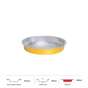 Thông số kích thước khay nhôm tròn cao cấp 580ml LEO miệng 191mm, chiều cao 28mm