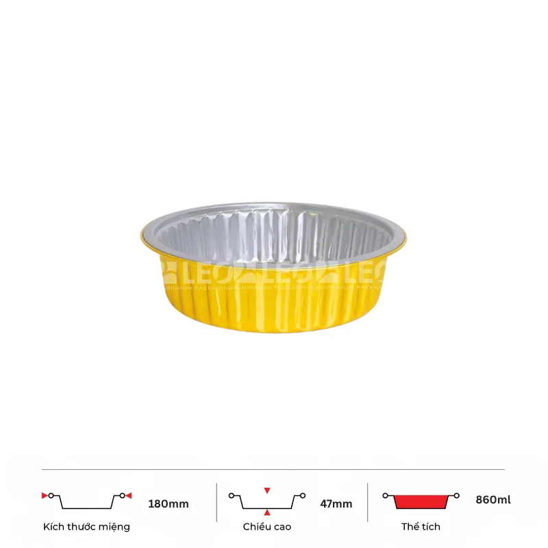 Thông số kích thước khay nhôm tròn cao cấp 860ml LEO miệng 180mm, chiều cao 47mm
