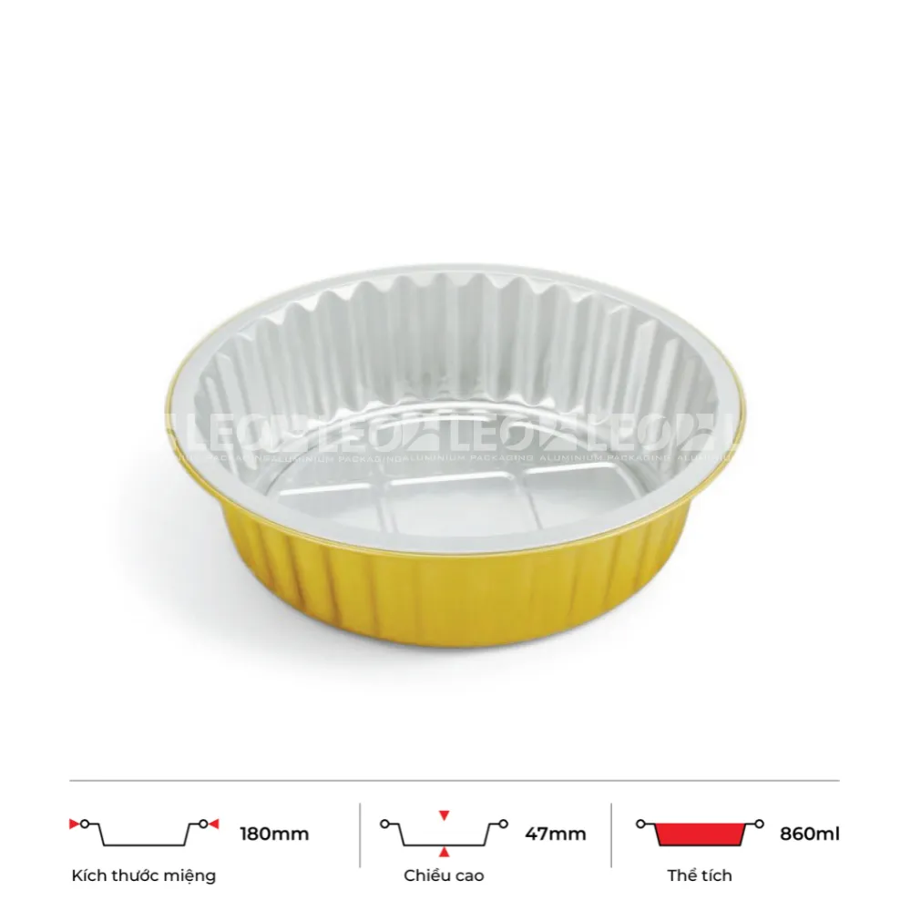 Thông số kích thước khay nhôm tròn cao cấp 860ml LEO miệng 180mm, chiều cao 47mm
