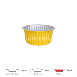 Thông số kích thước khay nhôm tròn cao cấp 960ml LEO miệng 160mm, chiều cao 70mm