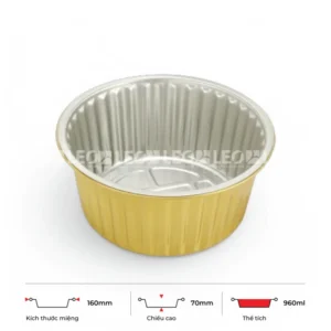 Thông số kích thước khay nhôm tròn cao cấp 960ml LEO miệng 160mm, chiều cao 70mm