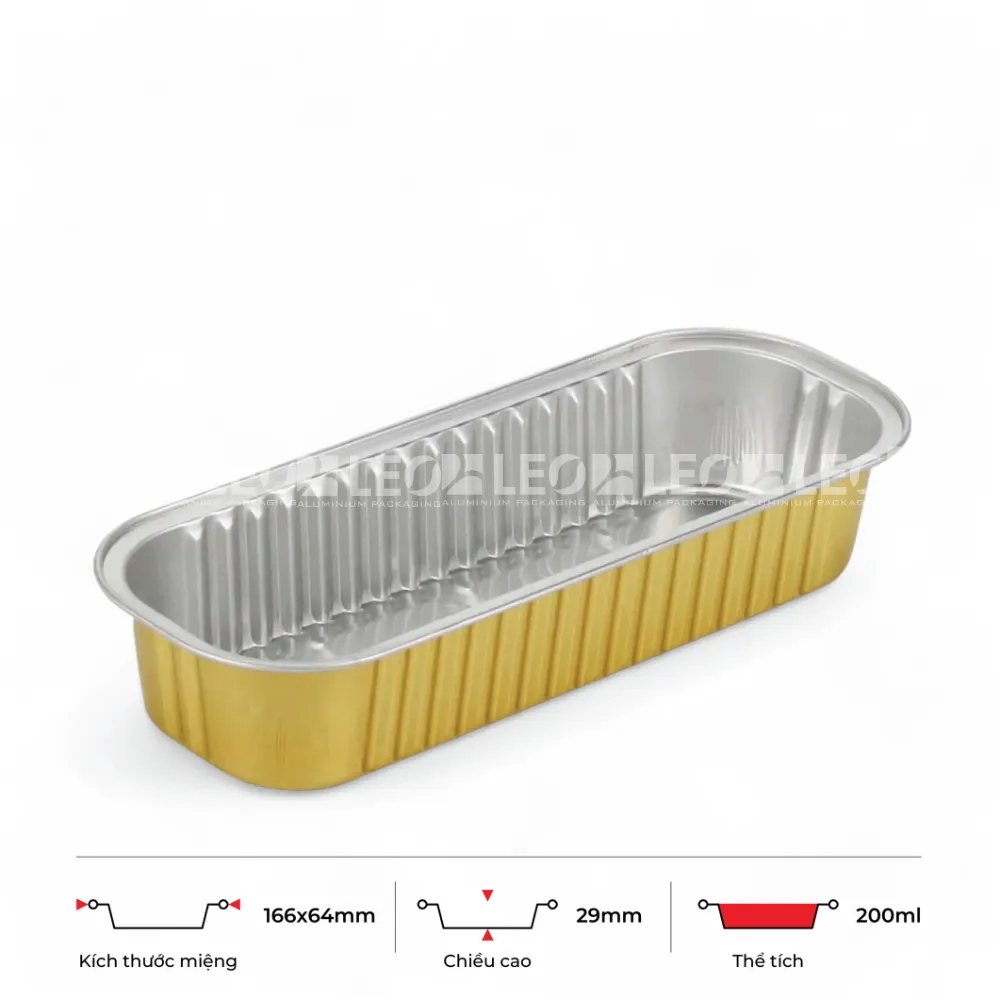 Thông số kích thước khay nhôm bánh hình chữ nhật cao cấp 200ml LEO miệng 166x64mm, chiều cao 29mm