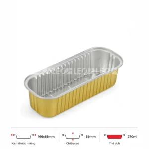 Thông số kích thước khay nhôm bánh hình chữ nhật cao cấp 200ml LEO miệng 166x64mm, chiều cao 38mm