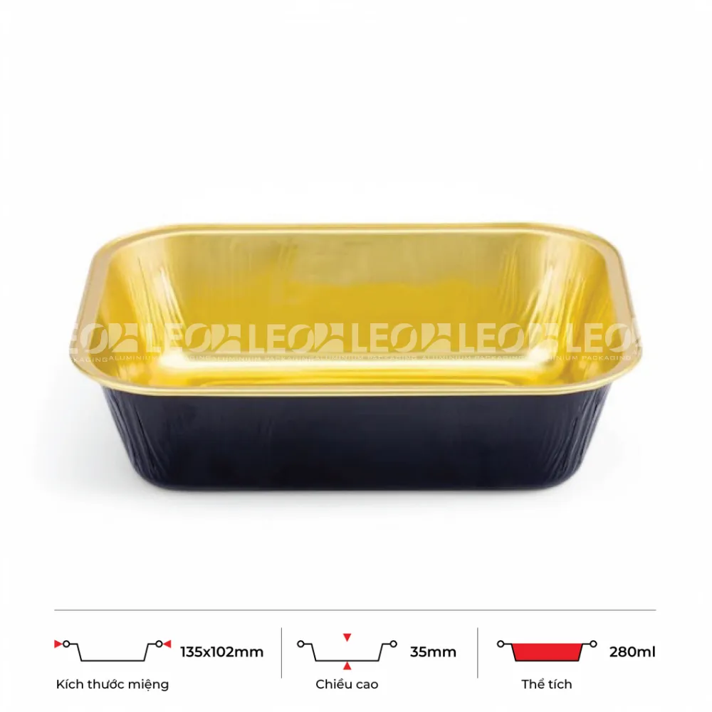 Thông số kích thước khay nhôm bánh hình chữ nhật cao cấp 280ml LEO miệng 135x102mm, chiều cao 35mm