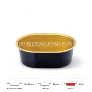 Thông số kích thước khay nhôm bánh hình oval cao cấp 68ml LEO miệng 76x56mm, chiều cao 25mm