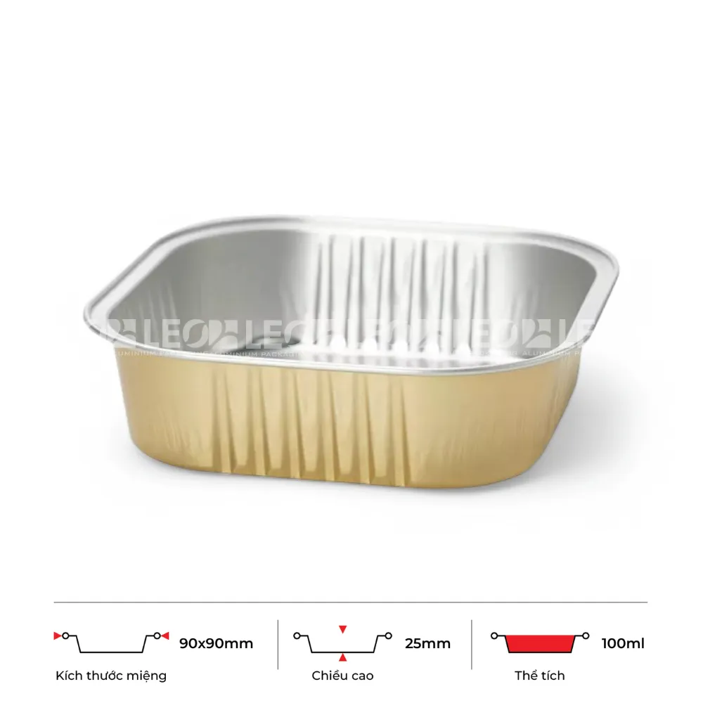 Thông số kích thước khay nhôm vuông cao cấp 100ml LEO miệng 90x90mm, chiều cao 25mm