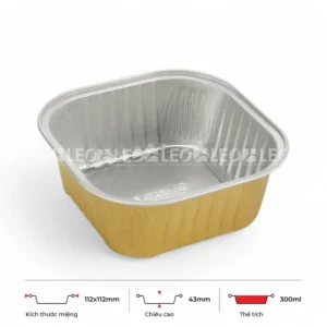 Thông số kích thước khay nhôm vuông cao cấp 300ml LEO miệng 90x90mm, chiều cao 43mm