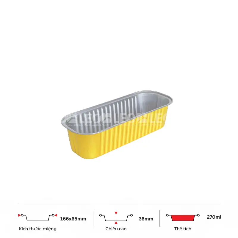 Thông số kích thước khay nhôm bánh hình chữ nhật cao cấp 200ml LEO miệng 166x64mm, chiều cao 38mm