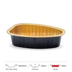 Thông số kích thước khay nhôm bánh hình oval cao cấp 100ml LEO miệng 106x72mm, chiều cao 30mm