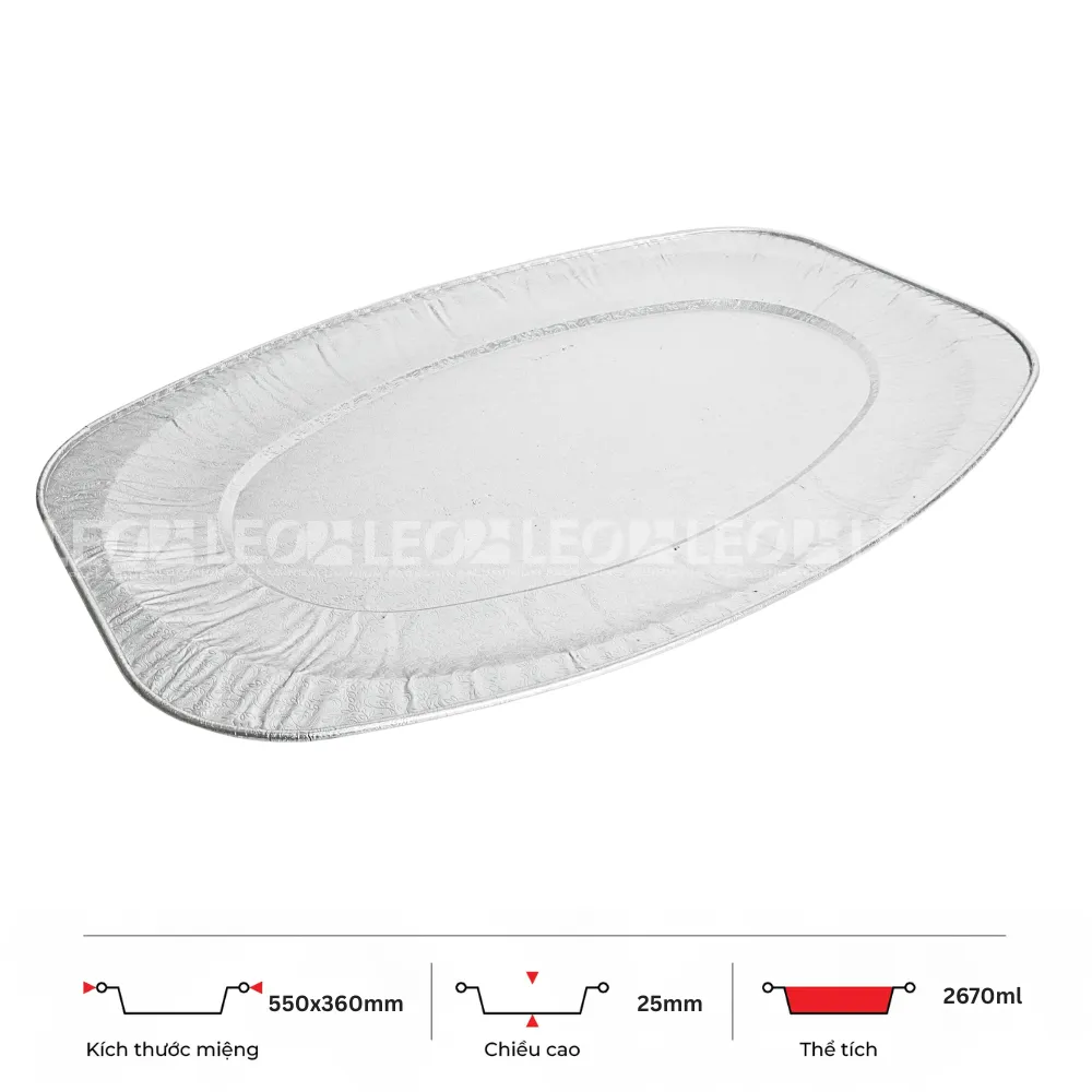 Thông số kích thước khay nhôm oval phổ thông 2670ml LEO miệng 550x360mm, chiều cao 25mm