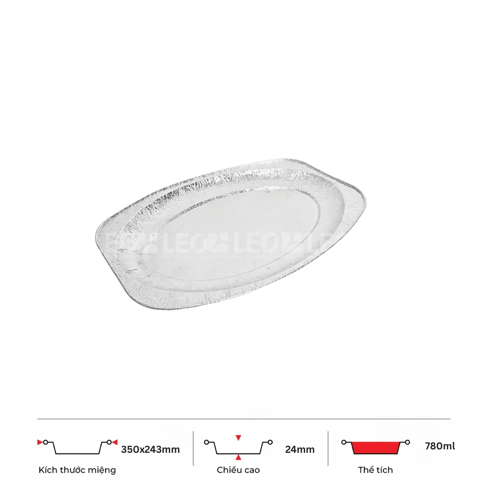 Thông số kích thước khay nhôm oval phổ thông 780ml LEO miệng 350x243mm, chiều cao 24mm