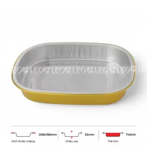 Thông số kích thước khay nhôm oval cao cấp 740ml LEO miệng 208x156mm, chiều cao 33mm