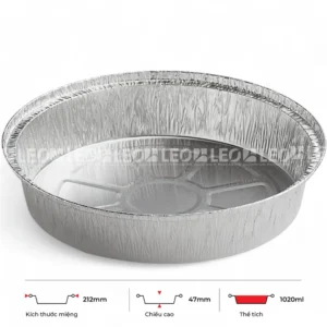 Thông số kích thước khay dĩa nhôm tròn phổ thông 1020ml LEO miệng 212mm, chiều cao 47mm